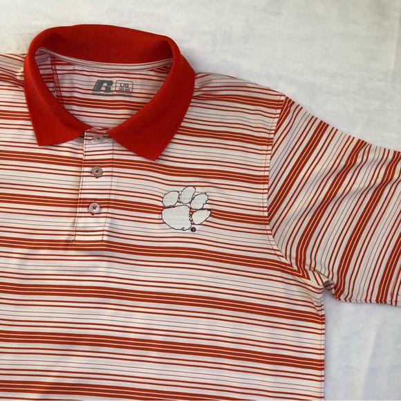 Russell Athletic Clemson Tigers Polo Men’s Size Large Orange & White Striped - Picture 2 of 9